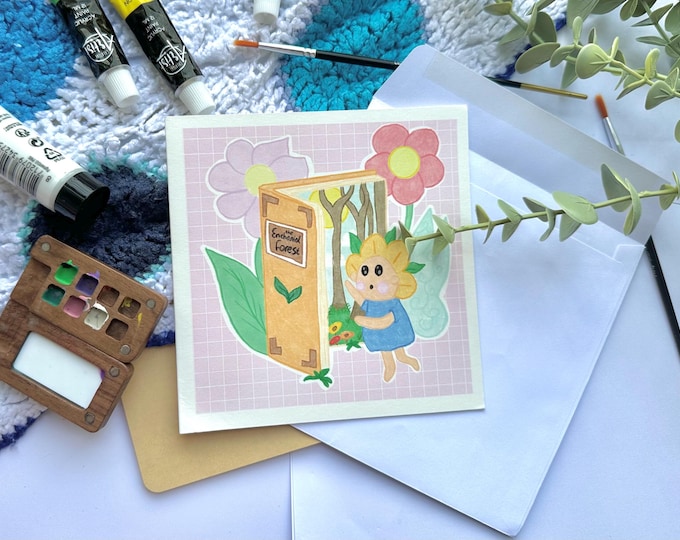 Book Fairy Art Greeting Card, Folded Square 5inch BioPaper Card with Enveloppe