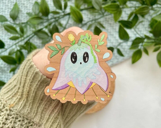 Flower Ghost Wooden Pin: Floral cherry wood badge