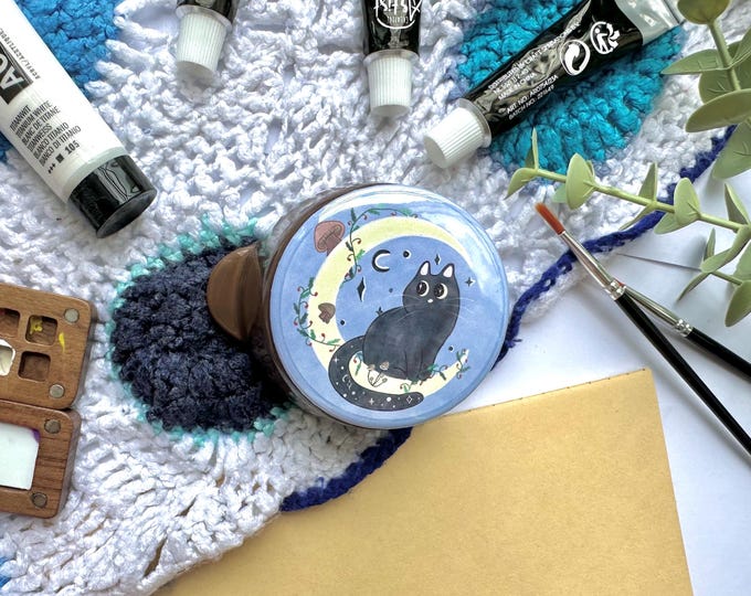 Book witch button | 58mm handmade button pin, celestial moon black cat
