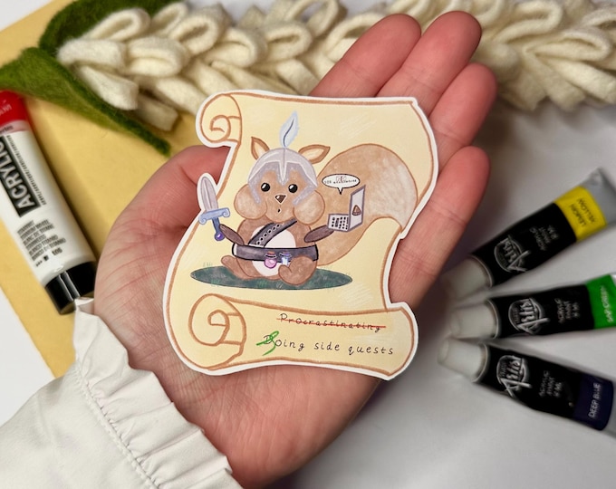 Procrastinator Squirrel Sticker, weatherproof vinyl, knight, side quest