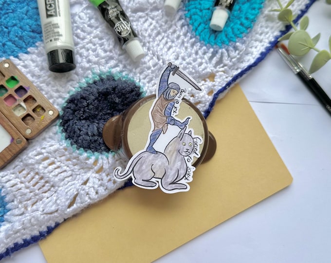 Medieval art Sticker: Glossy Laminated Vinyl, Waterproof, Born to jest, forced to joust, Handmade