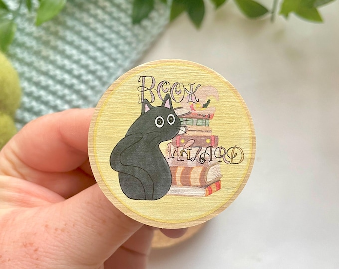 Book Wizard Black Cat Pine Wood Pin: Bookish Reader Gift
