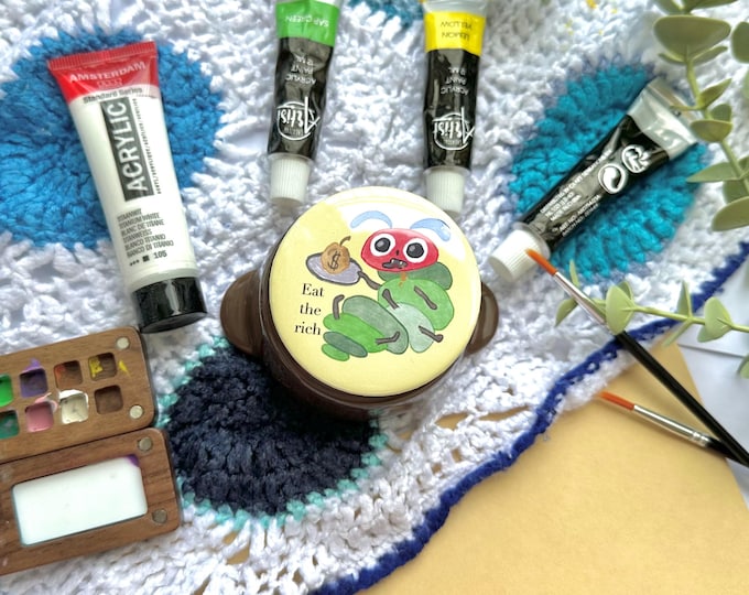 Eat the rich button | 58mm handmade button pin, hungry catterpillar