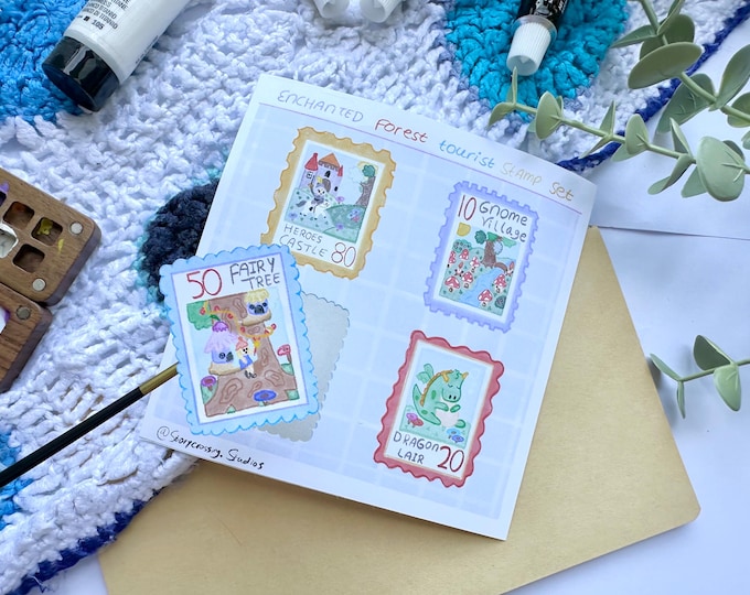Enchanted Forest Postal Stamps Stickersheet: Weatherproof Matte Vinyl