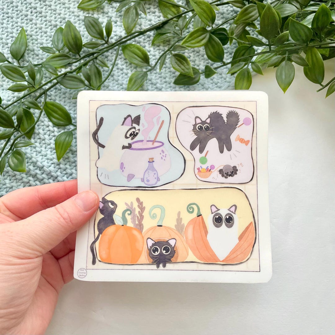 Stickersheet Waterproof Laminated Vinyl Black Cats Halloween Cute Witch ...