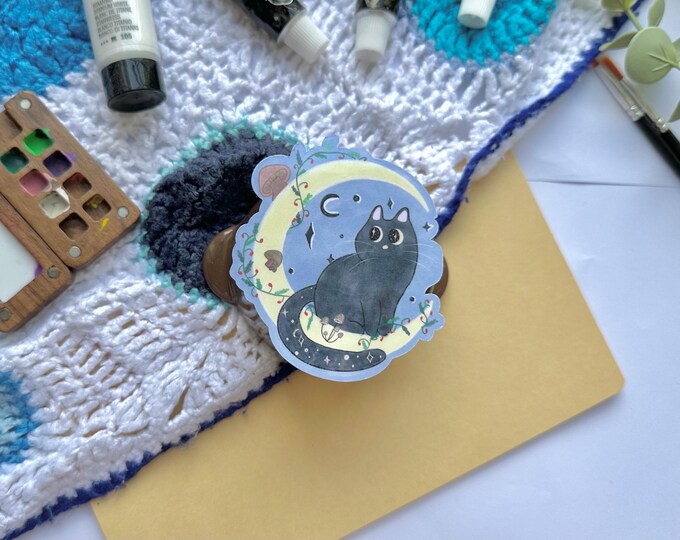 Black Mooncat Sticker: Glossy Laminated Vinyl, Waterproof, Crescent Moon, Handmade