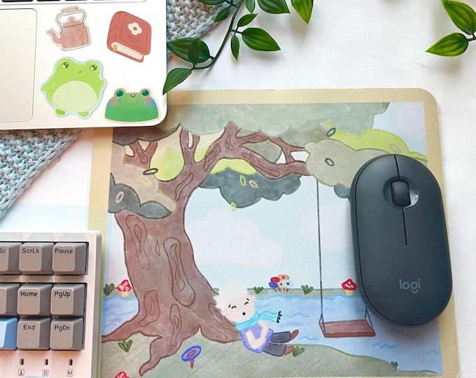 Cottagecore Mousepad: Under the Tree Illustration, Nature Art Desk Decor
