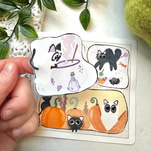 Hoja de pegatinas / Vinilo mate resistente a la intemperie / Gatos negros Halloween linda bruja gatito couldron magia fantasma gato amante regalo / Hecho a mano por artista