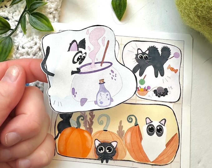 Spooky cats Stickersheet: Weatherproof Matte Vinyl Black Kitties Art
