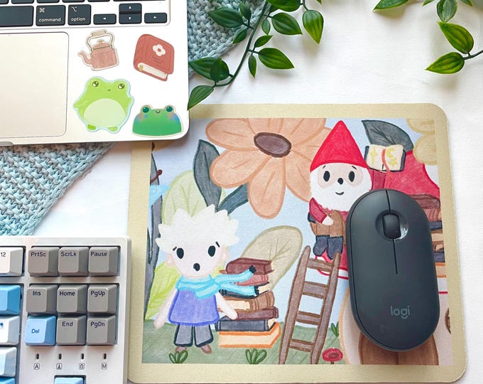 Pastel Cottagecore Mousepad: Gnome & Fairy Tale Illustration