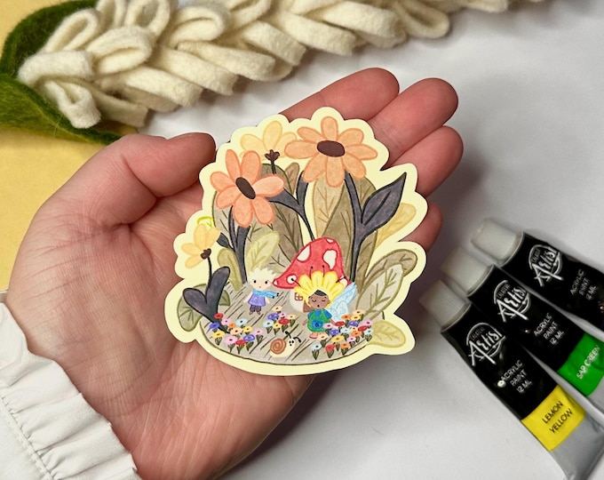 Fairy and Gnome Sticker: Weatherproof matte Vinyl, Floral Illustration