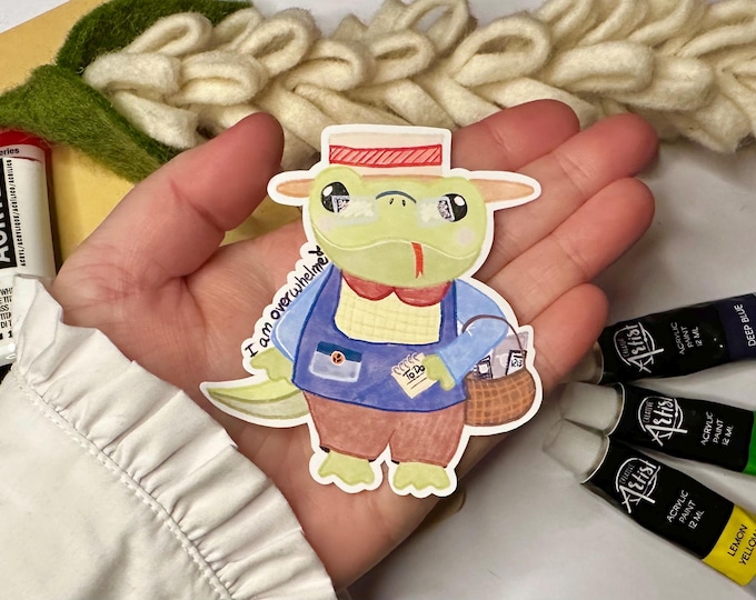 Overwhelmed Lizard Sticker: Matte Weatherproof Vinyl, Mental Health