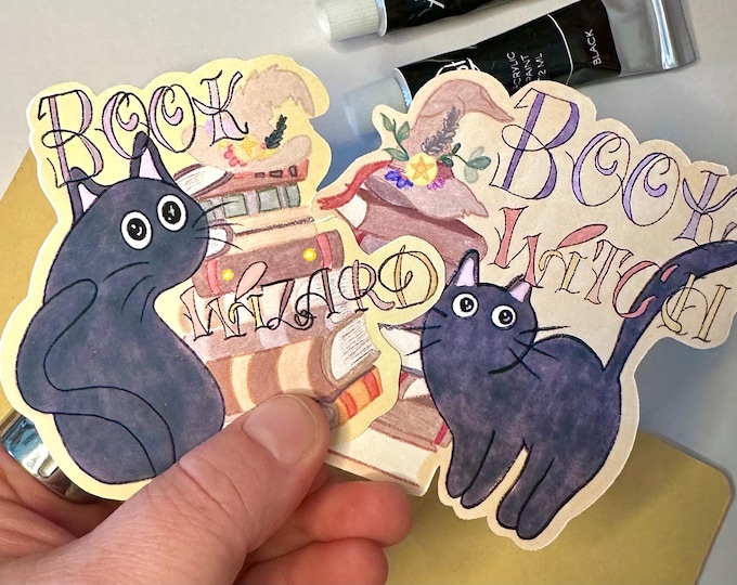 Book Witch or Wizard Cat Sticker, Weatherproof Matte Vinyl, Reader Gift