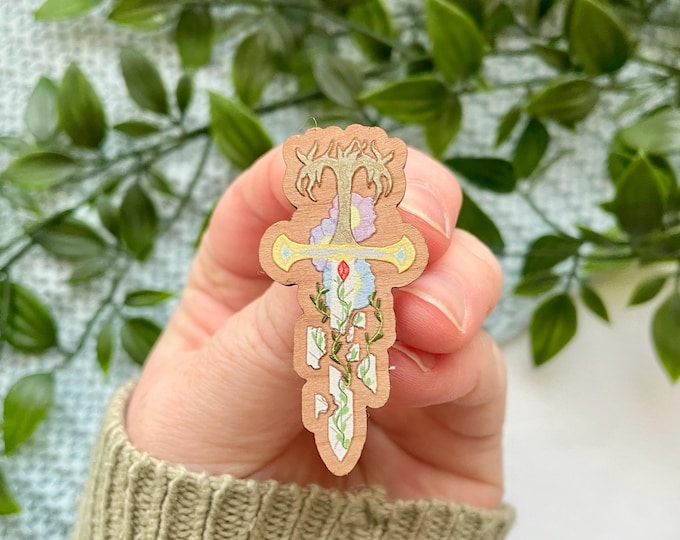 Floral Broken Sword Pin: Natural Cherry Wood Fantasy Badge