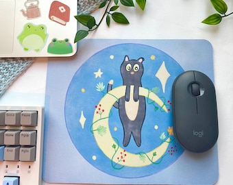 Alfombrilla de ratón de gato negro: tapete de escritorio de luna celestial, decoración de brujas