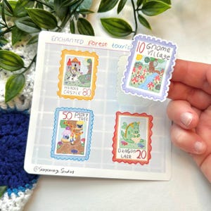 Stickerbogen | Wetterfestes mattes Vinyl | Zauberwald Briefmarken Ritter Fee Drache Gnom Märchen Pastell | Handgemacht von Künstler