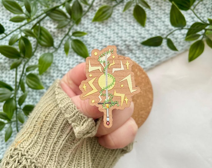 Fantasy Sword with Sun Wooden Pin: Bookish Cherry Wood Badge