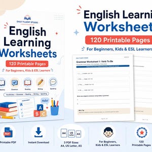 May include: English learning worksheets with 120 printable pages for beginners, kids, and ESL learners. The cover features the title in large blue letters, with icons for vocabulary, grammar, reading, writing, and speaking. Includes PDF and instant download options.