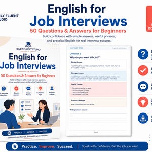 Op de afbeelding: Een digitale download met de titel "English for Job Interviews" met 50 vragen en antwoorden voor beginners. De omslag toont een boek met de titel en een afbeelding van twee mensen in een zakelijke omgeving. De afbeelding bevat ook een PDF-pictogram.