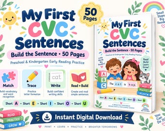 May include: A digital educational workbook titled My First CVC Sentences featuring 50 pages of early reading practice for preschool and kindergarten. The cover displays illustrations of children, a cat, alphabet blocks, and a pencil with colorful text.