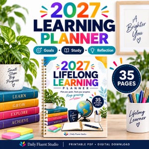 May include: A 2027 spiral-bound learning planner with a colorful cover featuring a globe, a mug, and a notebook. The cover text reads 2027 Lifelong Learning Planner, Plan your goals. Track your progress. Keep growing. It includes 35 printable pages.
