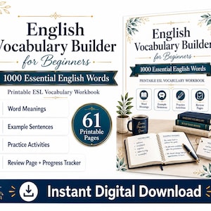 Peut inclure: Un cahier d'exercices numérique intitulé English Vocabulary Builder for Beginners avec 1000 Essential English Words. La couverture indique 61 Printable Pages, des définitions, des exemples de phrases, des activités et un suivi de progression.
