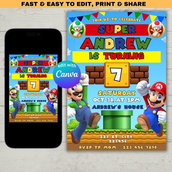 Super Mario Birthday Invitation, Mario Bros Invitation, Digital Birthday Kid Invite, Editable Template, Editable Canva, Mario Birthday Party