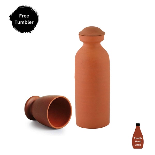 1L Handmade Terracotta Water Bottle | Indian Traditional Earthen Jug | 100% Eco-Friendly Clay Tumbler Mug Water Dispenser | Birthday Gift