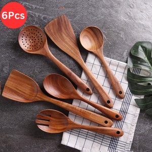 Handmade Teak Wood Kitchen Utensils Set Non Stick Serving and Cooking 6 Pcs, Wooden Spoons, Eco Friendly Gift image 1