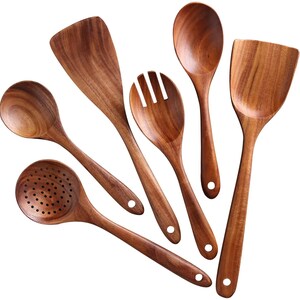 Handmade Teak Wood Kitchen Utensils Set Non Stick Serving and Cooking 6 Pcs, Wooden Spoons, Eco Friendly Gift image 3