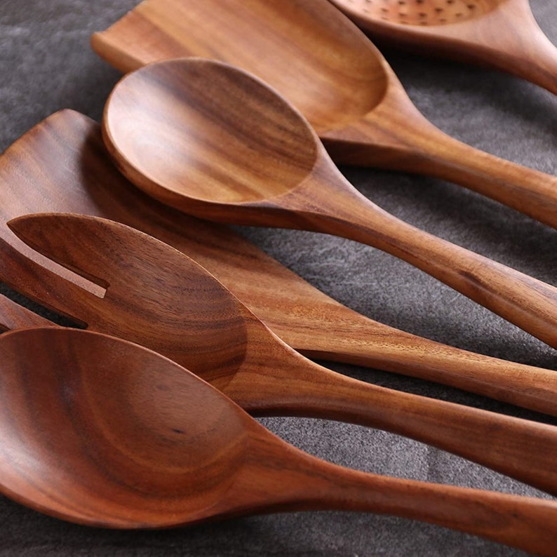 Handmade Teak Wood Kitchen Utensils Set Non Stick Serving and Cooking 6 Pcs, Wooden Spoons, Eco Friendly Gift image 2