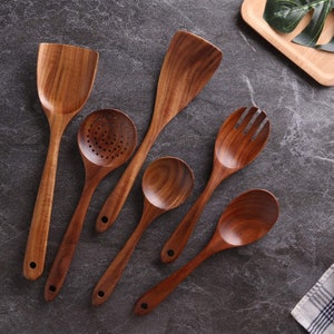 Handmade Teak Wood Kitchen Utensils Set Non Stick Serving and Cooking 6 Pcs, Wooden Spoons, Eco Friendly Gift image 4