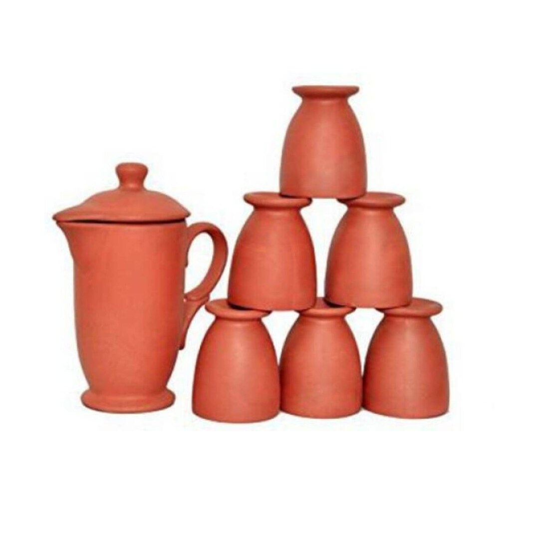 Clay Water Jug With Lid and Glass Set Clay Water Jug and Cup Pack of 7