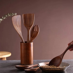 Handmade Teak Wood Kitchen Utensils Set Non Stick Serving and Cooking 6 Pcs, Wooden Spoons, Eco Friendly Gift image 5