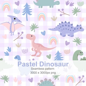 May include: A seamless pattern with pastel dinosaurs, rainbows, hearts, and trees on a checkered background. The design includes a pink Tyrannosaurus Rex, a blue Pterodactyl, and a purple Stegosaurus. The text "Pastel Dinosaur" is displayed at the bottom.