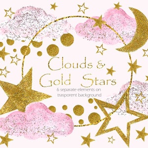 Gold stars and pink clouds, Glitters Cliparpt, Stars Clipart, Pink glitter clouds, Drawn clipart
