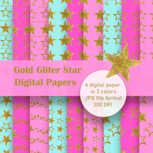 Gold Stars, Gold Glitter, Star Digital, Stars Digital Paper Pack, Scrapbooking design, pink backgraund, Instant Download