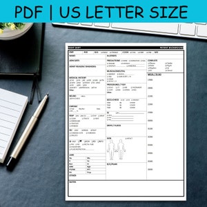 May include: A black and white medical chart form with headings for patient background, allergies, medical history, procedures, and labs. The form includes sections for recording patient information, allergies, medical history, procedures, medications, and vital signs.
