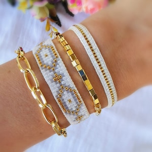 Handmade Adjustable Miyuki Bracelet, White&Gold Bracelet Set, Miyuki Beads, Boho Chic Jewelry, Minimalist Gift for Her