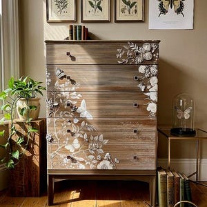 Austin Suite Tallboy Chest of Drawers – Hand-Painted Sculpted Florals, Mid Century Modern Cottagecore. Anthropologie inspired!