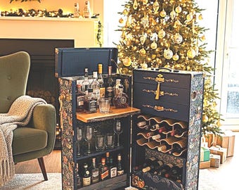 MADE TO ORDER - Vintage Steamer Trunk Bar Cabinet: William Morris Art Deco Drinks Station