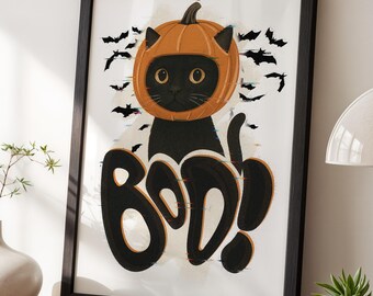Halloween Cat Poster: Printable Funny Wall Art for Spooky Season Decor, Digital Download