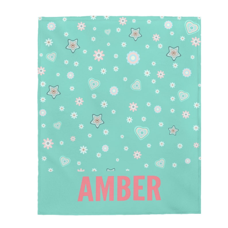 Personalized Blanket with Flowers, Cute Blanket for Toddlers, Flower Blanket for Kids, Turquoise Blanket Gift Idea, Custom Blanket Gift Idea image 3