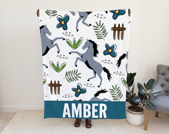 Custom Horse Blanket for Kids, Personalized Blanket with Name Option, Cute Blanket for Girls, Horse Gift Idea For Little Girls and Boy