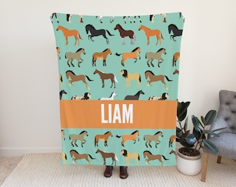 Custom Horse Blanket for Kids, Personalized Blanket with Horses, Blanket for Toddlers, Horse Blanket for Kids, Cute Custom Blanket with Name