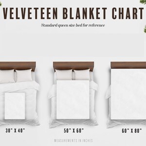 May include: A chart showing the different sizes of velvet blankets, with each size shown on a queen-sized bed. The sizes are 30 inches by 40 inches, 50 inches by 60 inches, and 60 inches by 80 inches.
