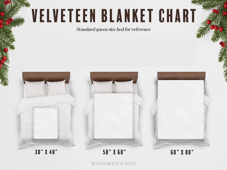 May include: A chart showing the different sizes of velvet blankets, with each size shown on a queen-sized bed. The sizes are 30 inches by 40 inches, 50 inches by 60 inches, and 60 inches by 80 inches.