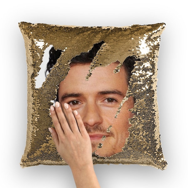 Oreiller à paillettes Orlando Bloom | Coussins d'oreiller de célébrité | Taie d'oreiller cool | Idée cadeau amusante pour les fans de Pirates des Caraïbes