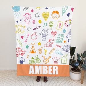 Personalisierte Doodle Decke für Kinder, benutzerdefinierte Kinder Decke mit Namen Option, persönliche Decke Geschenkidee für Kleinkinder, Decke mit Namen