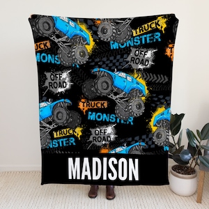 Personalized Monster Truck Blanket, Blanket Name Trucks, Custom Baby Name Blanket Cars, Birthday Gift Idea, Customizable Blanket for Kids